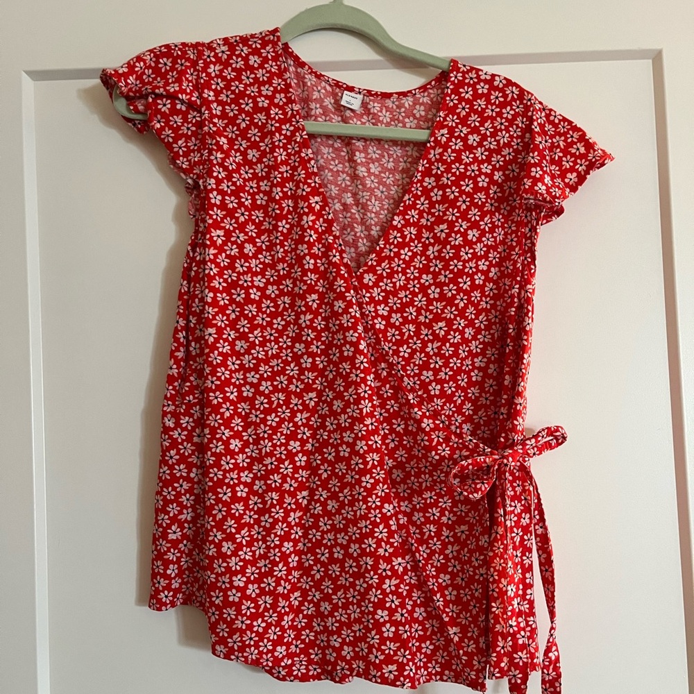 Old Navy Red Floral Wrap Blouse